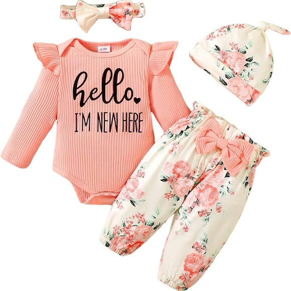 Other - Charming 4-Piece Newborn Baby Girl Clothes Set: Romper, Floral Pants & Headband